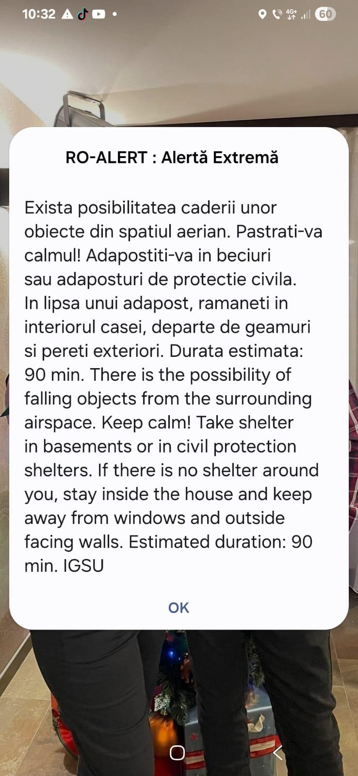 Mesaj RO Alert în Galați. Populația, avertizată cu privire la posibilitatea căderii unor obiecte din spațiul aerian