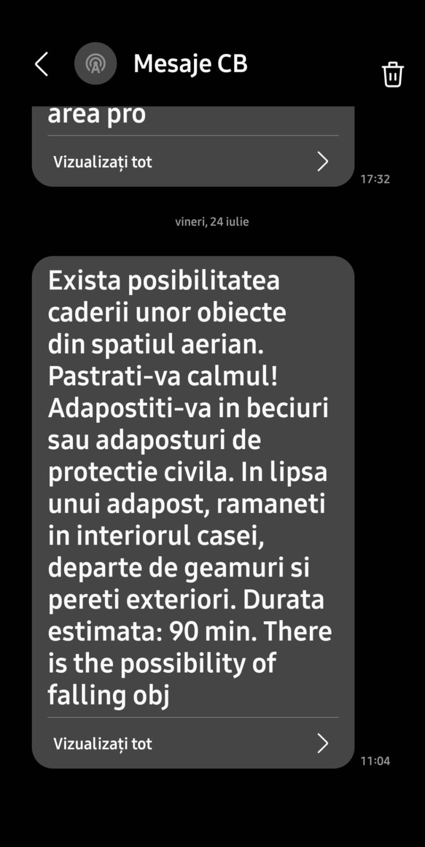 Mesaj RO-ALERT pentru prima dată în Buzău din cauza riscului de cădere a unor obiecte din spațiul aerian. Avertizare și pentru Galați și Brăila / update