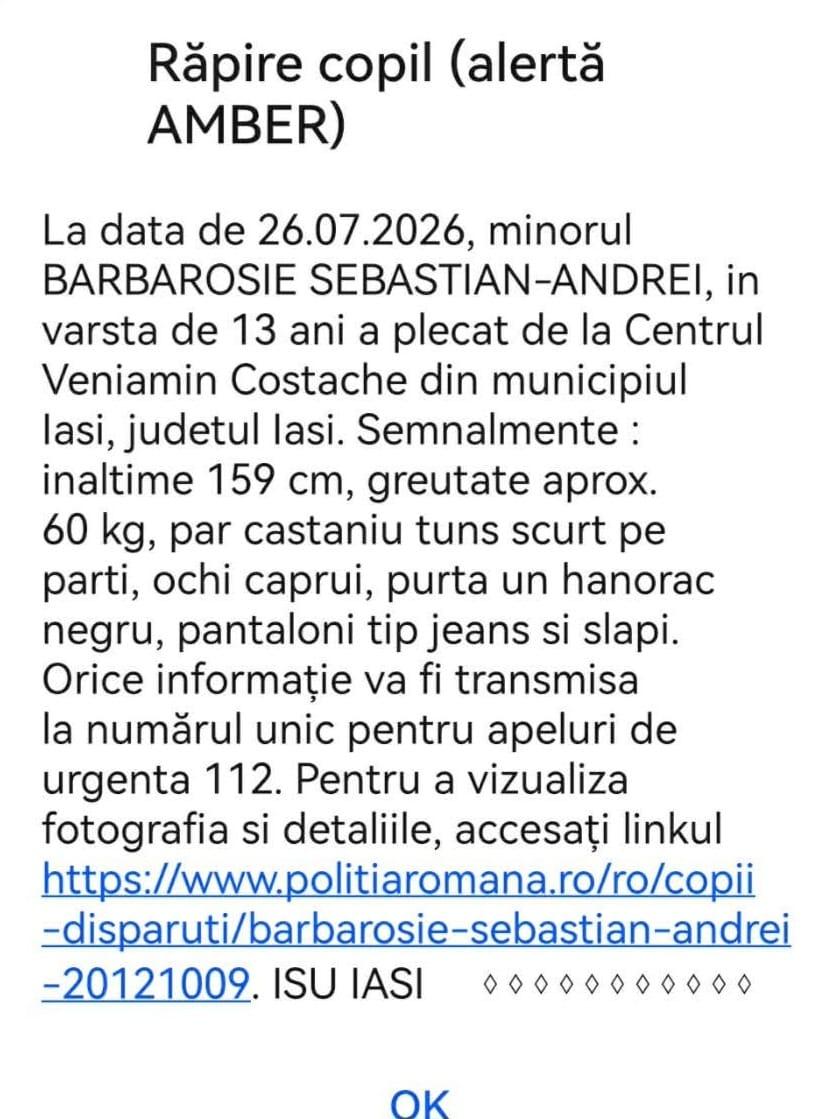 Ro-ALERT: Un băiat de 13 ani a dispărut dintr-un centru de plasament