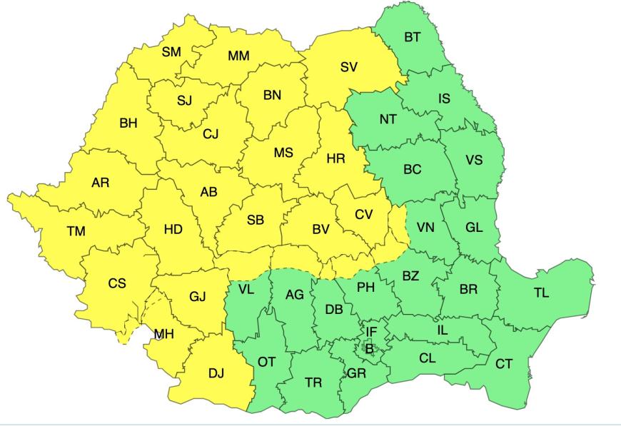 ANM: Atenționări Cod galben de vreme instabilă și vânt puternic în jumătate de țară, până marți seara