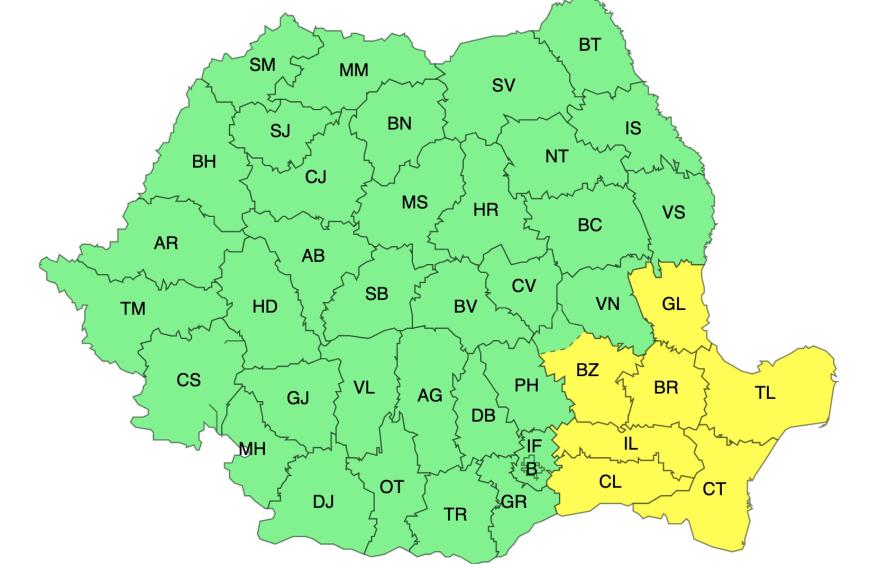 ANM, Cod Galben de instabilitate  în jumătate din țară. Vineri, Cod galben de vânt puternic în Dobrogea, estul Munteniei şi sud-estul Moldovei