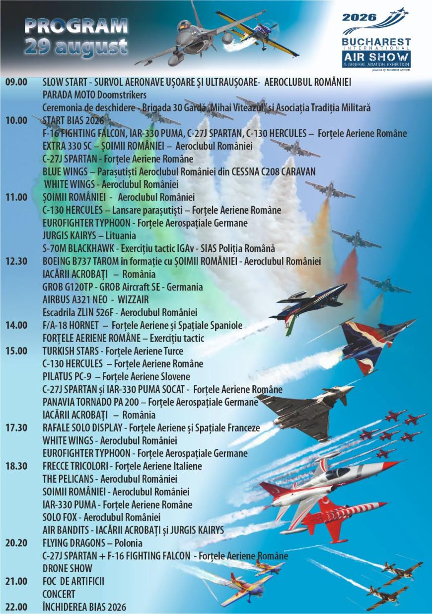 Program BIAS 2026. Spectacol aerian de amploare la București: Peste 200 de participanți, F-16, Rafale, Eurofighter și Frecce Tricolori