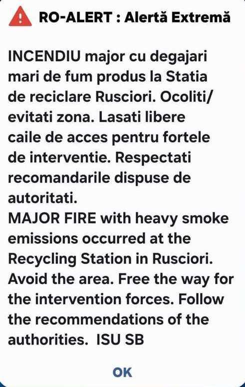 Incendiu de amploare în Sibiu. A fost emis RO-Alert, din cauza degajărilor mari de fum