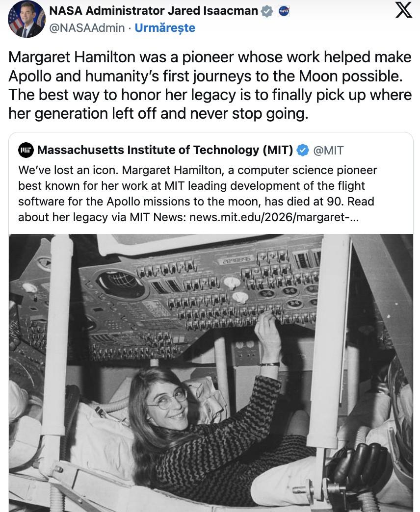 Margaret Hamilton, cea care a făcut calculele programului Apollo 11, a murit