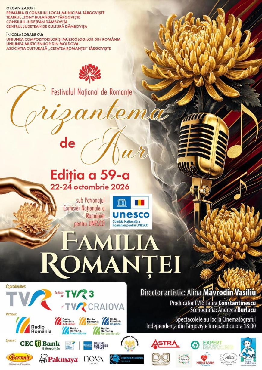 „Crizantema de Aur”, ediţia a 59-a, între 22 – 24 octombrie 2026, în Târgoviște. Programul Festivalului