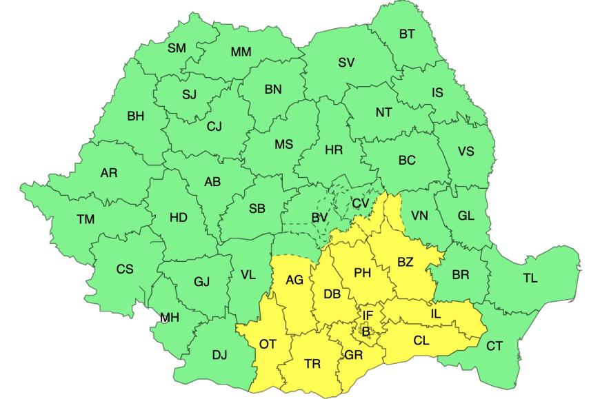 ANM: Cod galben de ploi însemnate cantitativ în Muntenia, sud-estul Olteniei și Carpații de Curbură, de luni dimineața