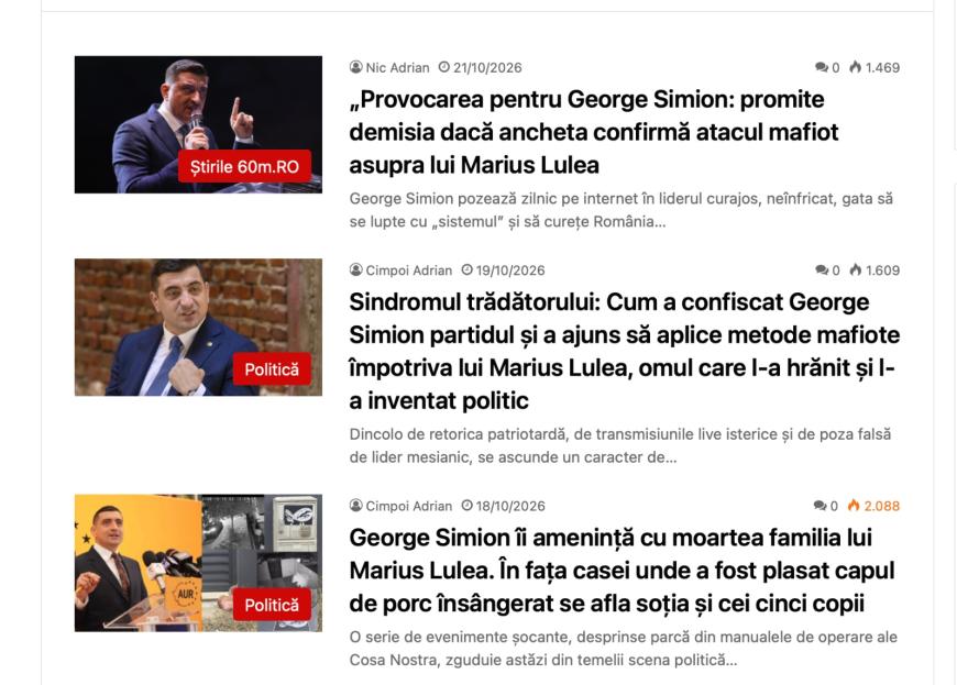 Captură de ecran 60m.ro/ Știri despre președintele AUR, George Simion