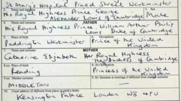 nasterea printului george inregistrata oficial ce scrie la ocupatia parintilor