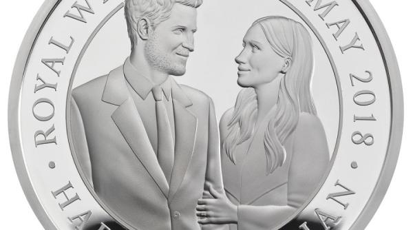 moneda jubiliara din argint i aur cu printul harry si meghan markle