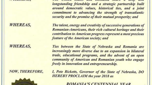 nebraska a proclamat anul 2018 drept anul centenarului romaniei