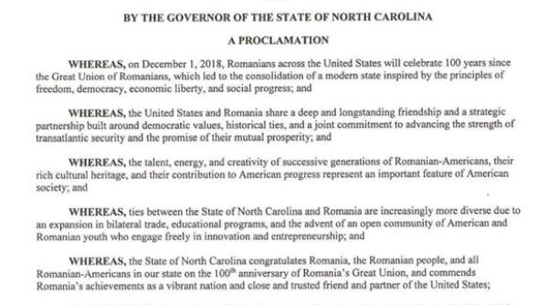 proclamatia statului carolina de nord sua cu ocazia centenarului marii uniri