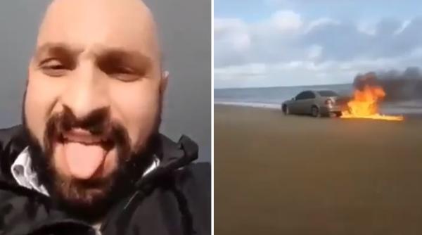 un roman si a dat foc la masina pentru vizualizari video