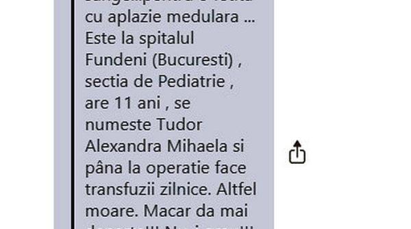 daca vezi aceasta postare pe facebook este falsa cazul fetitei de 11 ani pentru care se cere sange din 2009