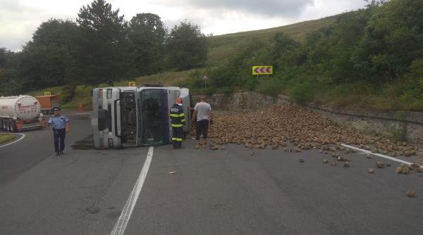 tir incarcat cu sfecla de zahar  rasturnat pe sosea  toata incarcatura s a imprastiat  trafic ingreunat