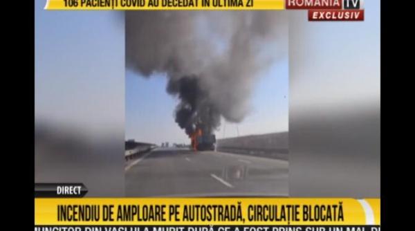 vehicul in flacari pe autostrada coada de masini masoara 2 kilometri