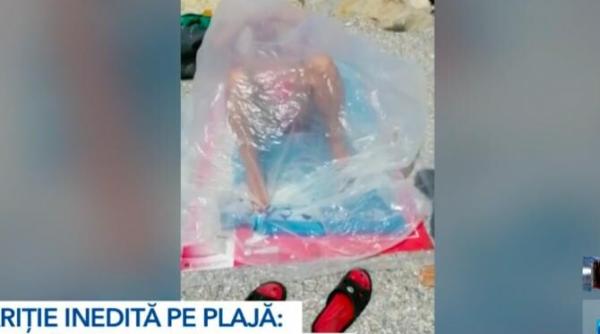 viral un barbat a facut plaja intr un sac de celofan in eforie nord explicatia
