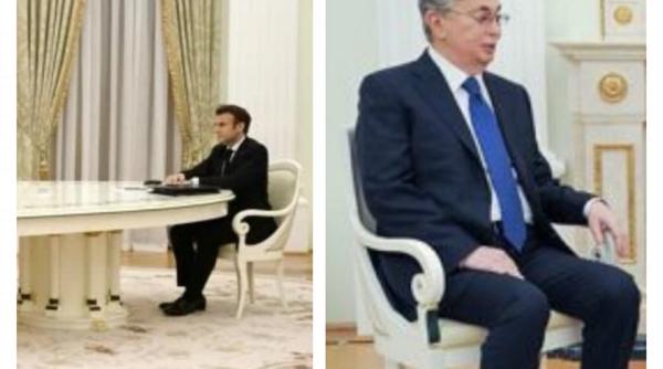 o poza cat o mie de cuvinte putin si presedintele kazahstanului negocieri la o masuta de cafea de zeci de ori mai mica decat cea a lui macron foto video