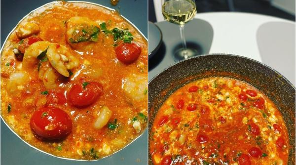 saganaki la cuptor reteta greceasca de creveti cu feta si sos de rosii