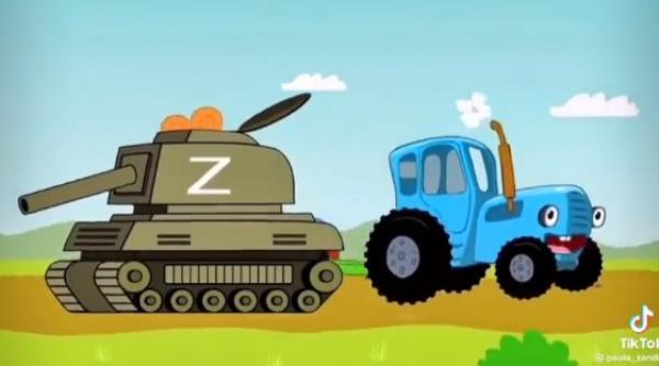 video viral desen animat cu un tractor ucrainean care remorcheaza un tanc rusesc