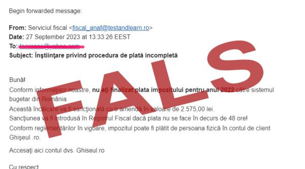 mesaje false in numele anaf prin care se solicita achitarea impozitului aferent anului 2022