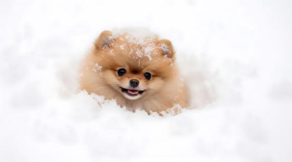 reactia adorabila a unui catel din rasa pomeranian care iubeste sa se joace in zapada video