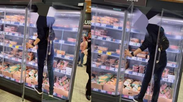 o femeie s a cocotat pe frigiderele din supermarket clientii s au uitat stupefiati