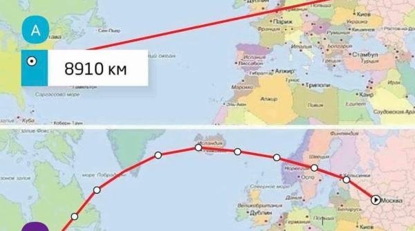 de ce traseul curbat al unui avion e mai scurt decat cel in linie dreapta pana la destinatie