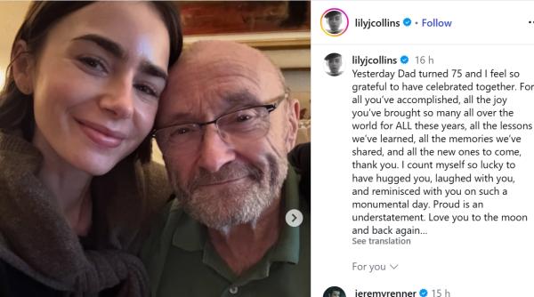 actrita lily collins din emily in paris mesaj emotionant pentru tatal ei bolnav phil la ceas aniversar