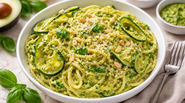 nu stii ce sa mai mananci de post incearca pastele cu dovlecel si sos cremos de avocado si pesto