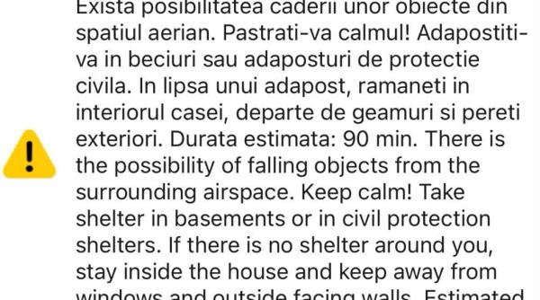 mesaj ro alert in galati si tulcea posibile caderi a unor obiecte din spatiul aerian