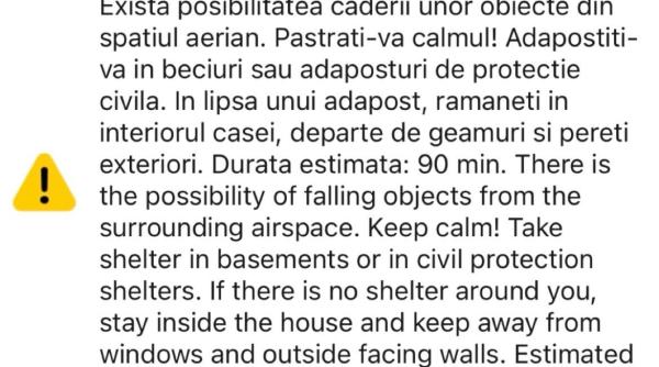 mesaj ro alert in judetul galati exista posibilitatea caderii unor obiecte din spatiul aerian